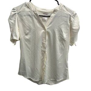 No Boundaries Womens White Short Sleeve Buttoned Blouse Ruched Tie Cuffs Sz M